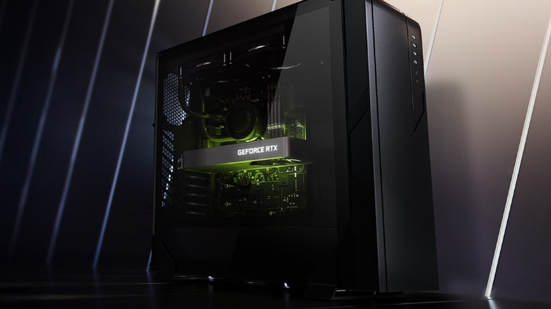 An RTX 3060 graphics card installed and powered on inside a desktop PC case with ambient lighting.