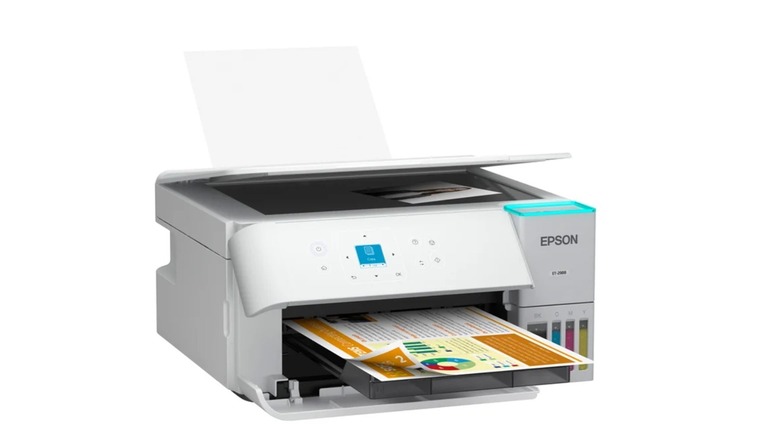The Epson EcoTank ET-2988 wireless printer printing a document.