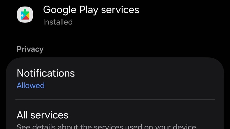 A Samsung Android phone showing the Google Play Services App Info screen with version details and usage statistics.