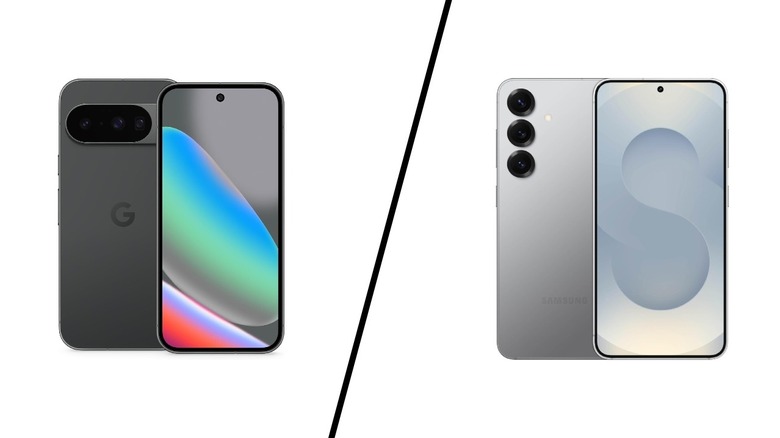 Google Pixel 10 and Samsung Galaxy S25 shown side-by-side on a white background.