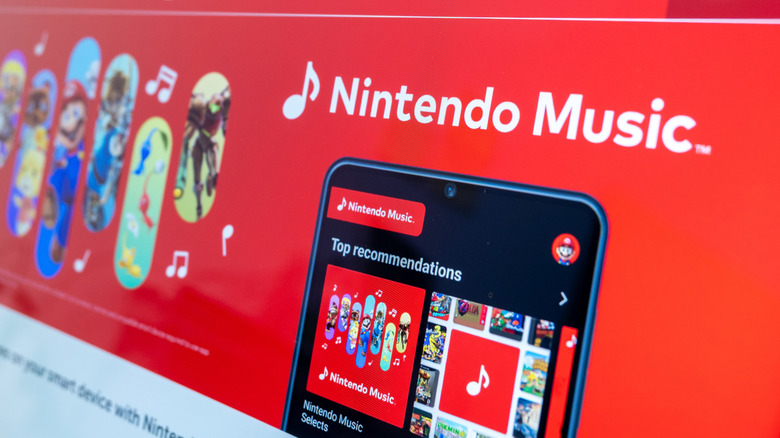 A screen displaying the Nintendo Music app interface with game soundtrack listings.