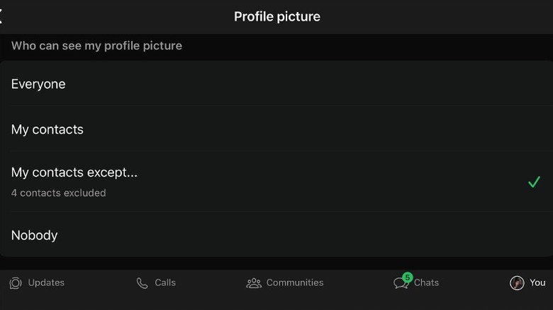 WhatsApp privacy settings screen showing the 'My Contacts Except...' option for profile photos.