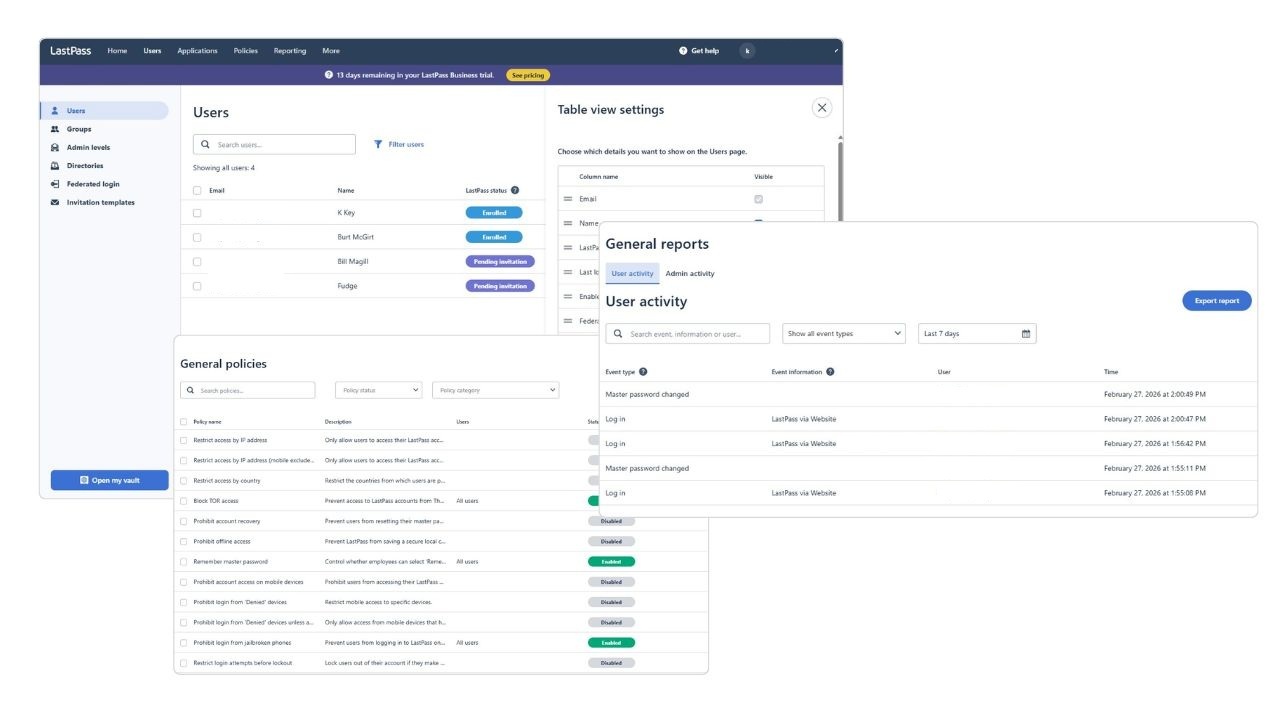 The LastPass Business admin console showing user management and policy controls.