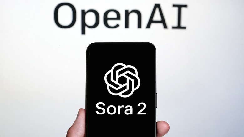 A smartphone screen displaying the Sora 2 interface held against an OpenAI logo background.