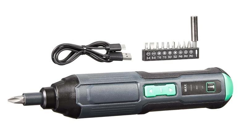 Amazon Basics 4V cordless stick screwdriver with bits and charging cable.