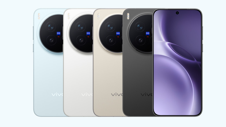 A lineup of Vivo X300 phones showing the front display and professional camera housing on the back.