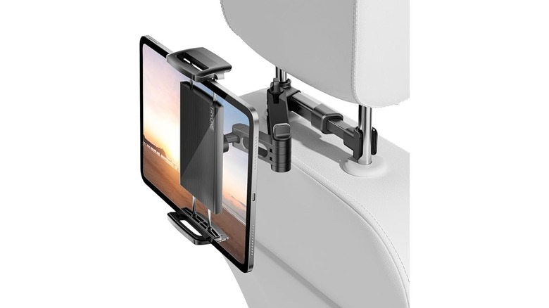 Tryone Car Headrest Tablet Holder Mount securely attached to a vehicle headrest holding a tablet in landscape mode.