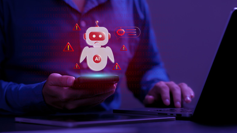 A symbolic illustration of a robot with a warning sign over a smartphone representing AI privacy risks.