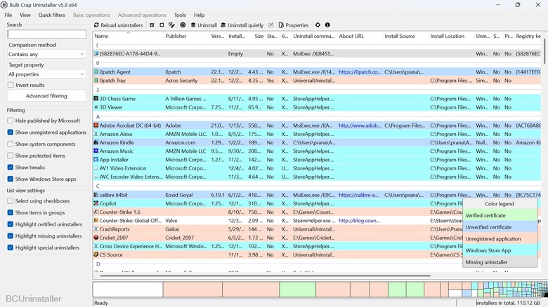 Bulk Crap Uninstaller app window showing a detailed list of installed software and their sizes.