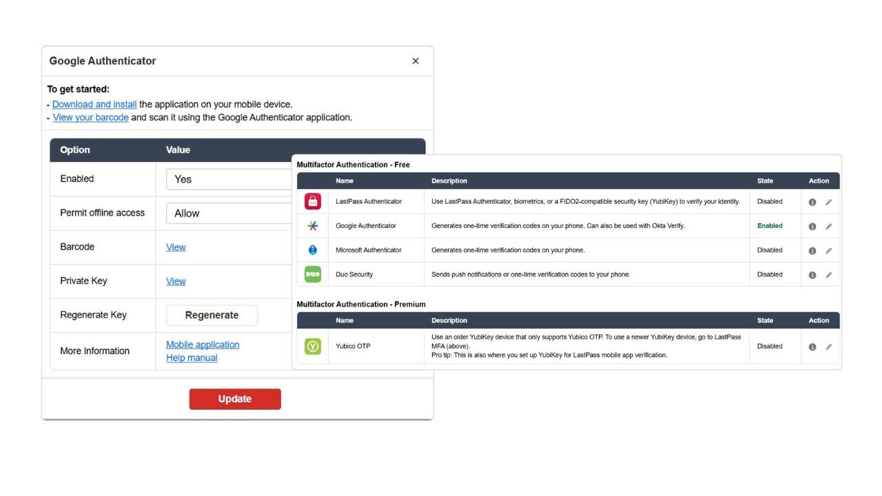 A list of various multi-factor authentication methods supported in the LastPass settings.