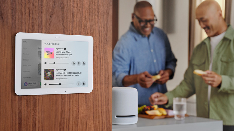 Amazon Echo Hub on a wall acting as a central smart home controller.