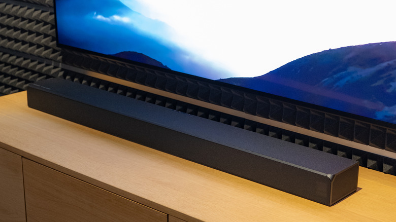 A soundbar setup inside a professional acoustic soundproofed testing room.