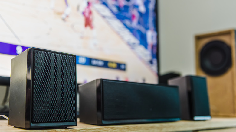 A matching set of front-channel satellite speakers for a surround sound system.