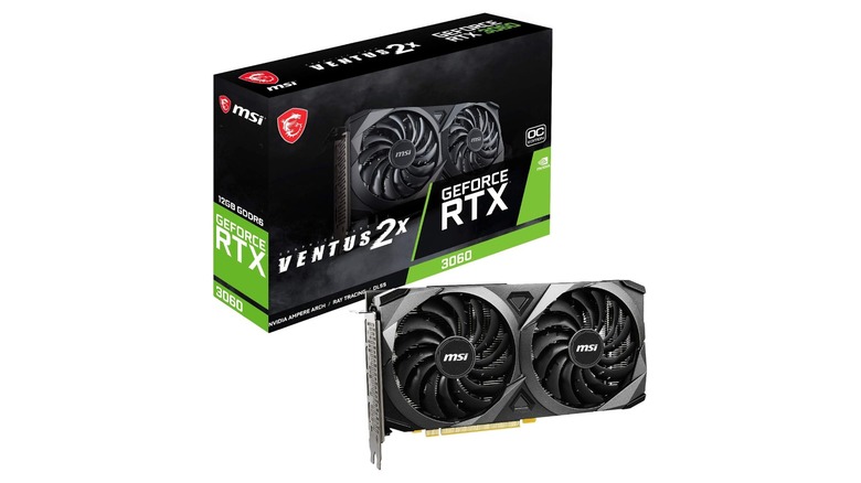 An MSI Ventus GeForce RTX 3060 graphics card in its box.