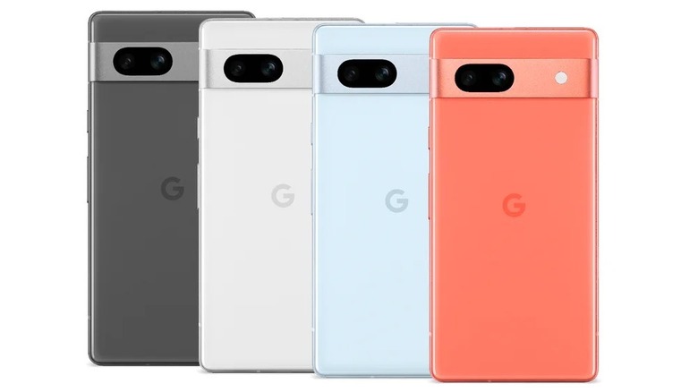 Four Google Pixel smartphones in black, white, blue, and coral-red arranged side-by-side.