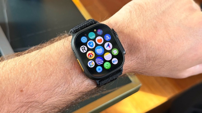 An Apple Watch Ultra 2 with a rugged band worn on a wrist.