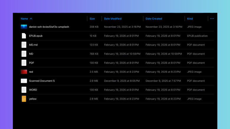A detailed list view in the iPad Files app showing file names, sizes, and dates.