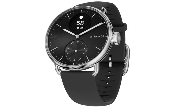Withings ScanWatch 2 hybrid smartwatch showing a classic analog face with an integrated small digital screen.
