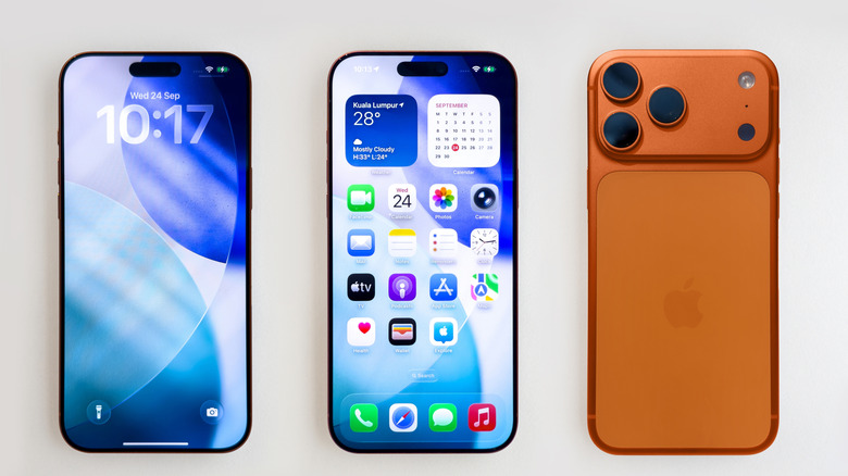 A group of iPhone 17 Pro models side by side, showcasing their standard design.
