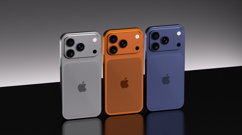 The iPhone 17 Pro Max in orange, blue, and white finishes
