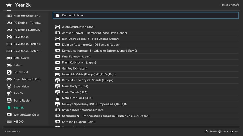 The RetroArch UI on tvOS displaying a list of classic gaming consoles and available titles.