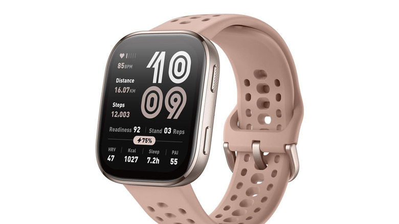 Close-up of the Amazfit Bip 6 showing its 1.97-inch high-brightness display and lightweight chassis.