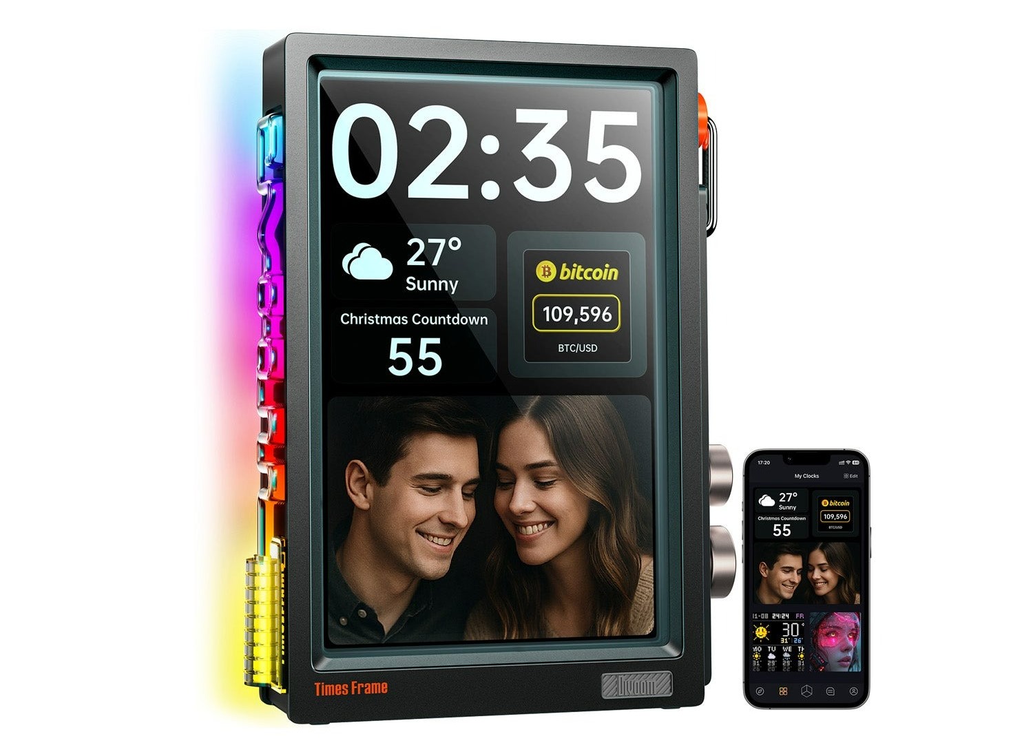Close-up view of the Divoom Times Frame's transparent display with a blurred office background.