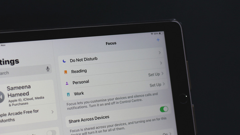 The iPad Focus settings screen highlighting the Reading Focus option.