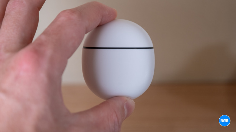 The exterior of the Google Pixel Buds 2a charging case showing the LED indicator.