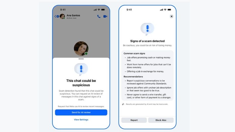 Messenger chat screen with a red warning banner alerting the user to a potential scam message.