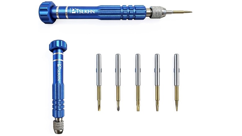 5-in-1 multifunctional precision screwdriver with interchangeable bits displayed.