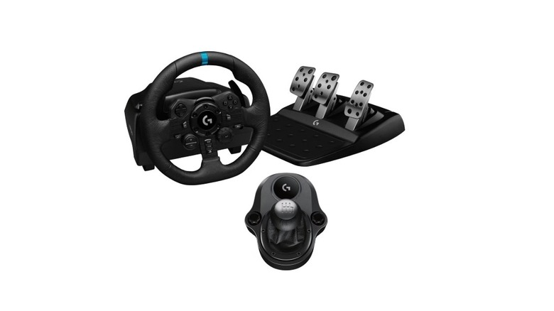 The Logitech G923 racing wheel with integrated pedals and a manual gear shifter.