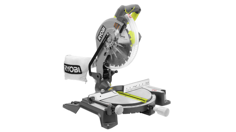 Static view of a Ryobi compound miter saw showing the blade guard and handle.