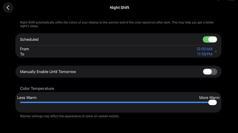 iPad settings screen showing the Night Shift toggle and schedule options.