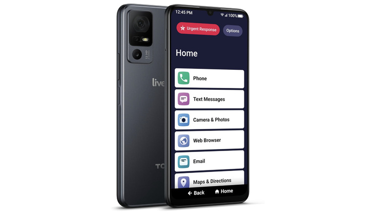 The Jitterbug Smart4 smartphone showing its simplified menu interface on a plain white background.