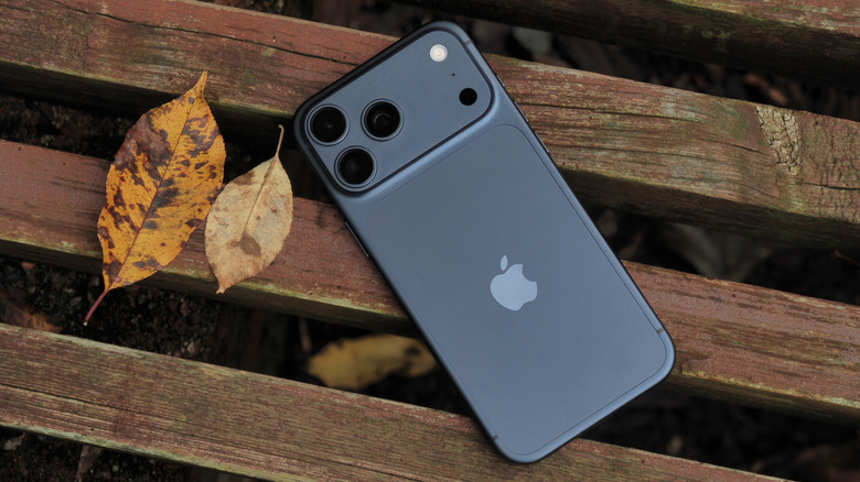 The iPhone 17 Pro Max sitting on a weathered wooden bench in soft lighting.