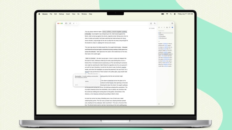 Ulysses' Revision Mode active on a MacBook, showing a clean text editor.