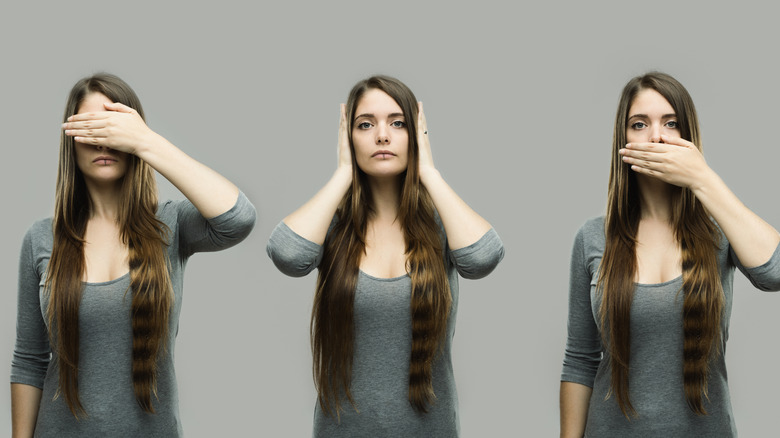 Three views of a woman covering her eyes, ears, and mouth.