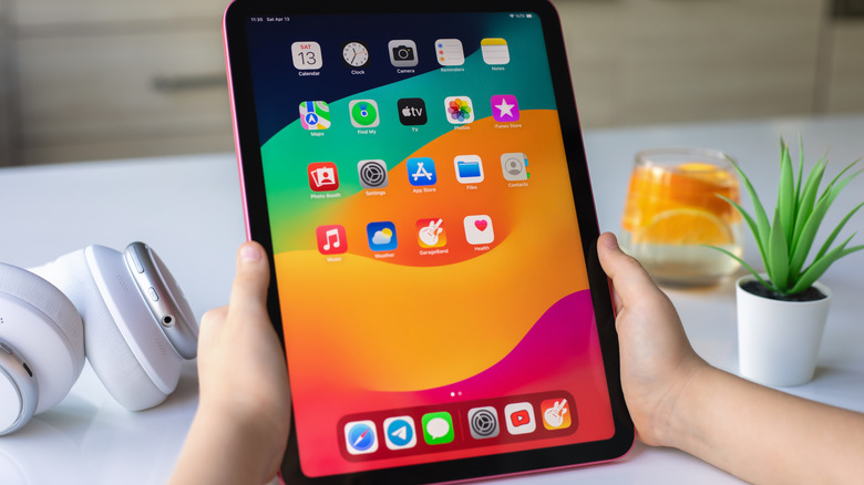 Close-up of a person holding an iPad, showing the portable nature of the device.