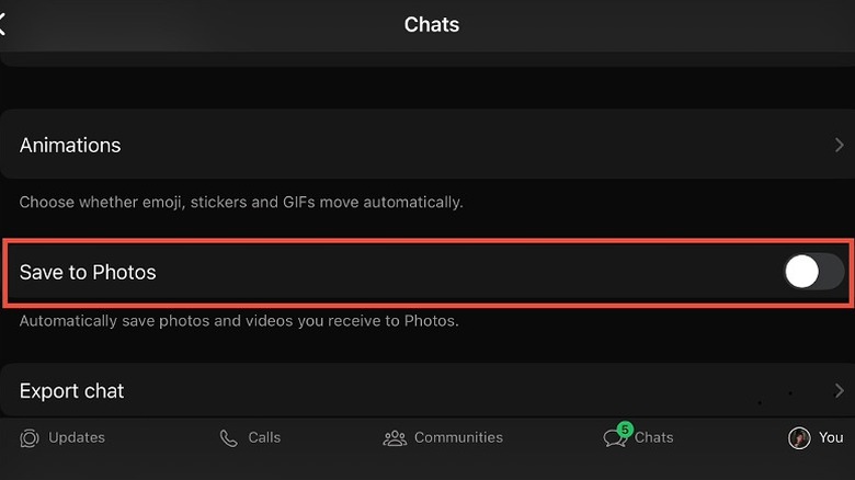 The chat settings screen showing the 'Save to Photos' toggle turned off.