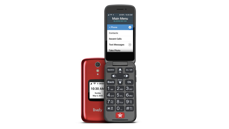 The red Jitterbug Flip2 phone displayed in its open position on a white background.