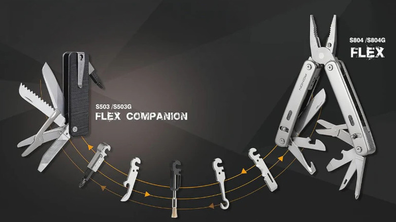 A collection of multiple Roxon Flex multitool frames and various interchangeable tool modules laid out together.