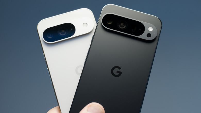 Two Google Pixel smartphones placed together, showing the refined hardware finish.