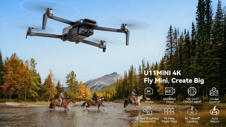 Ruko U11MINI drone footage of people and horses crossing a stream from an aerial perspective.