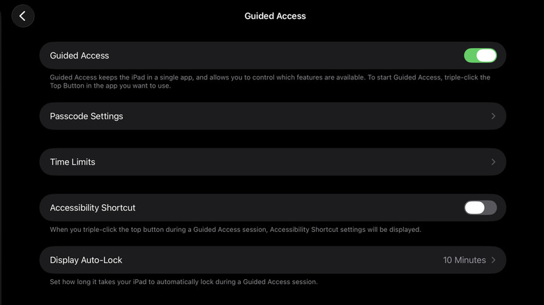 iPad accessibility settings showing the Guided Access configuration screen.