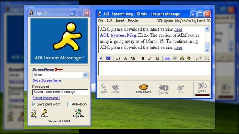 A screenshot showcasing the AOL Instant Messenger login screen and a chat conversation window.