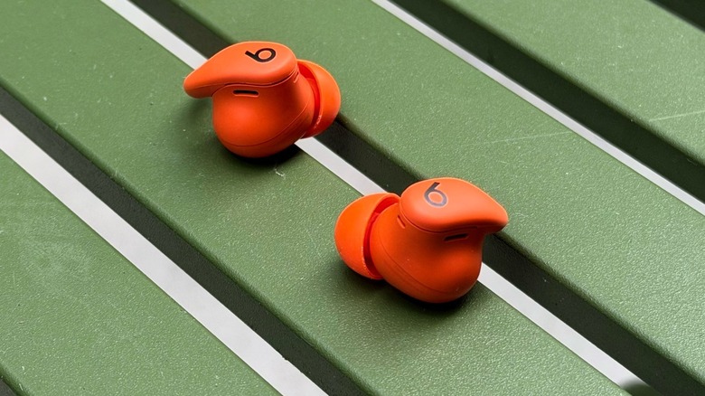 Top-down view of the Powerbeats Fit earbuds highlighting the redesigned wingtip structure.