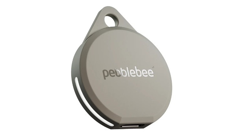 Gray Pebblebee tracker with a built-in keychain hook.