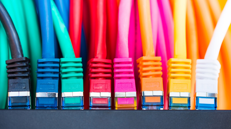 Multiple colorful ethernet cables plugged into a series of ports on a router or switch.