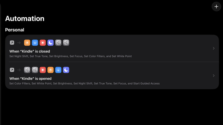 Shortcuts app on iPad showing an automation that triggers when the Kindle app is opened.